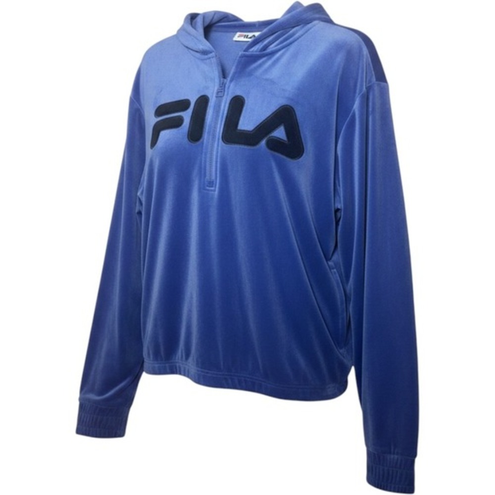 FILA Womens Velour Half Zip Hoodie Size M Blue Velvet Logo Y2K Athleisure